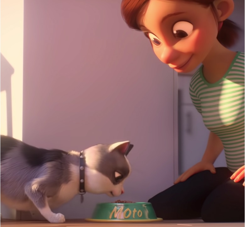 Una donna con una maglietta a righe verdi nutre il suo gatto